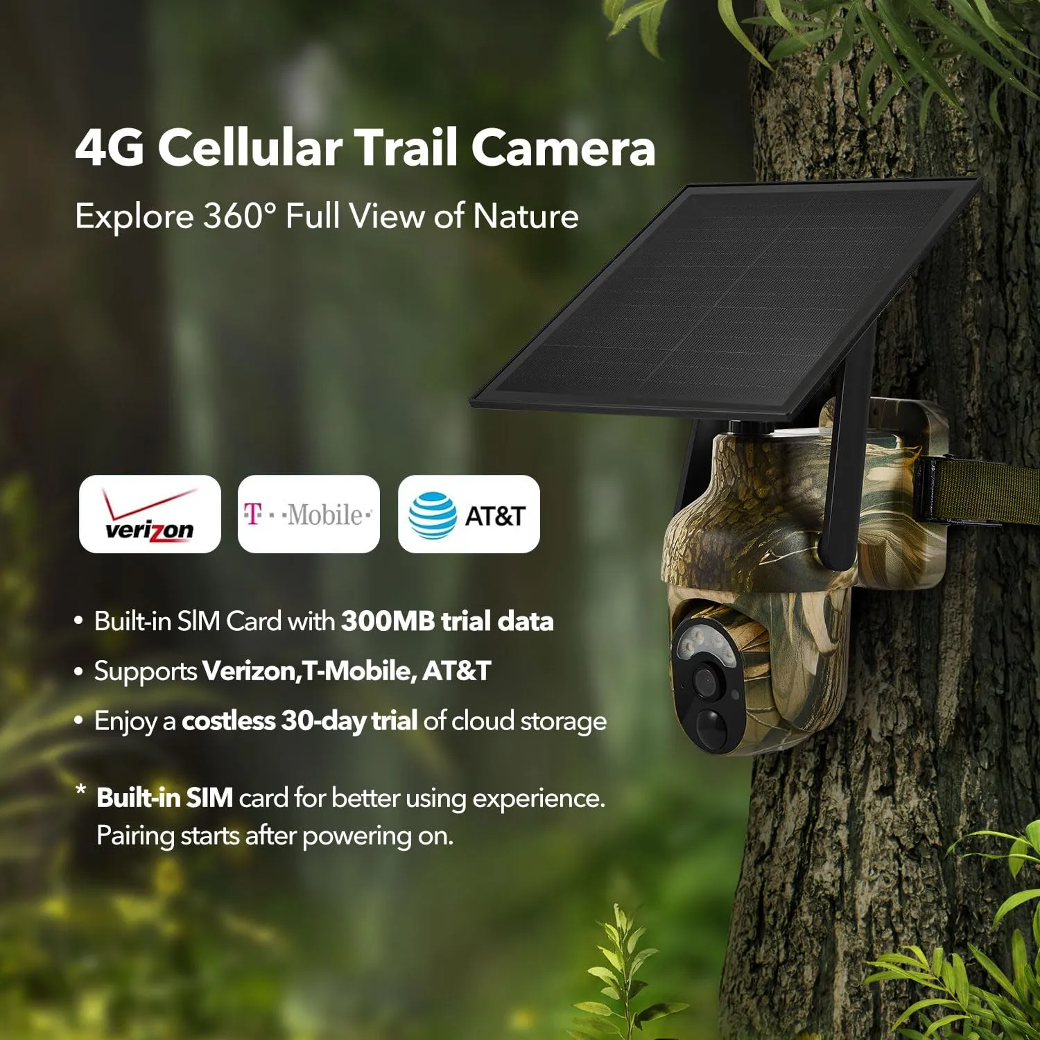 4G LTE Cellular Trail Cameras 2K 360 View Live Streaming Game Camera Built-in SIM Card with Motion Activated Color Night Vision Remote Phone Access Solar Powered Trail Camera IP65 Waterproof