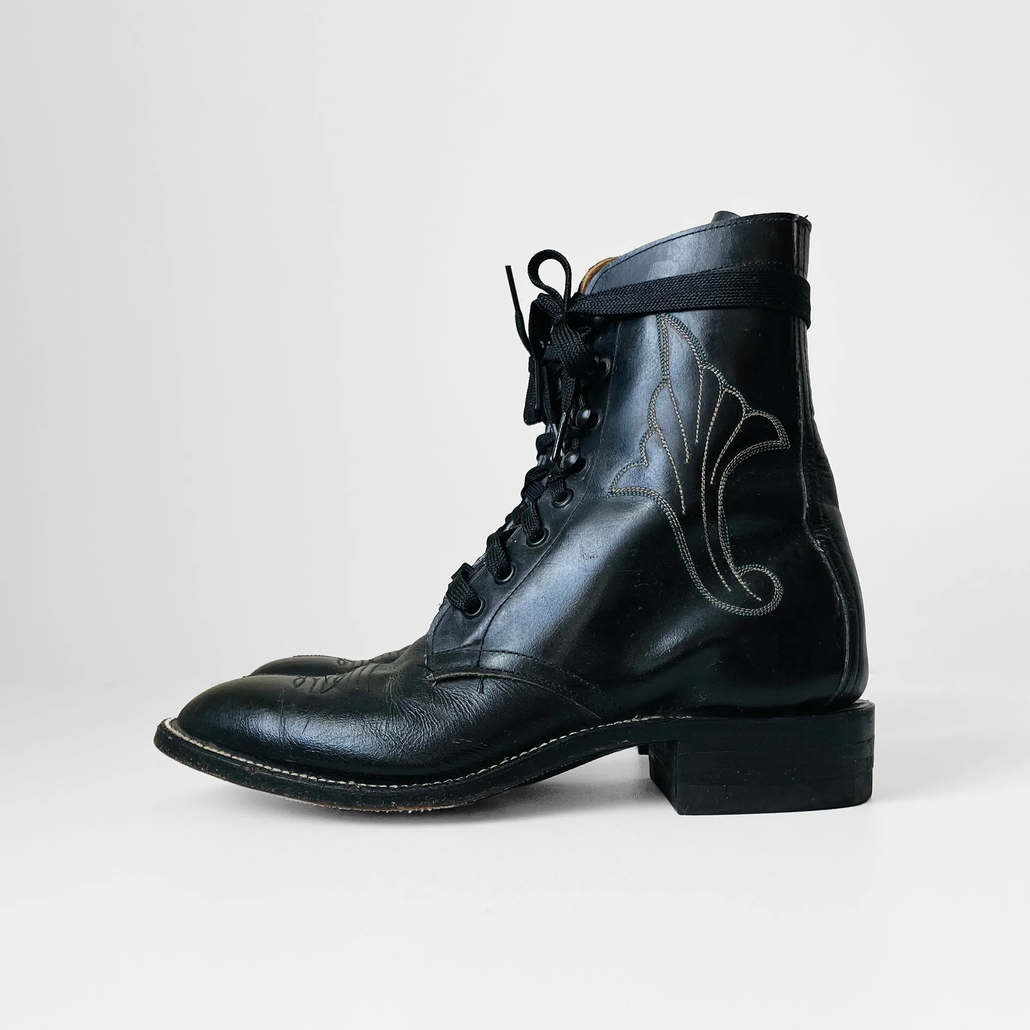 Black Stitched Leather Lace Up Boots - Sz. 6.5B