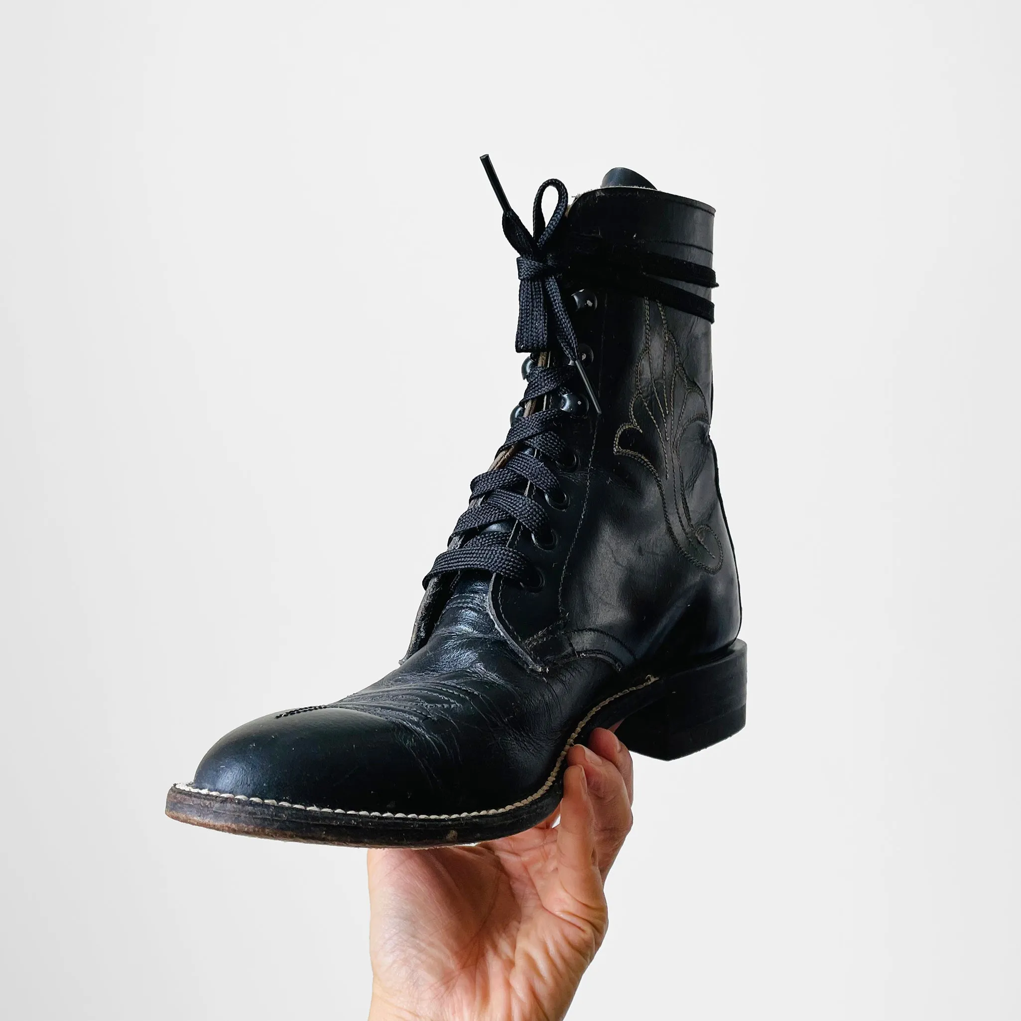 Black Stitched Leather Lace Up Boots - Sz. 6.5B