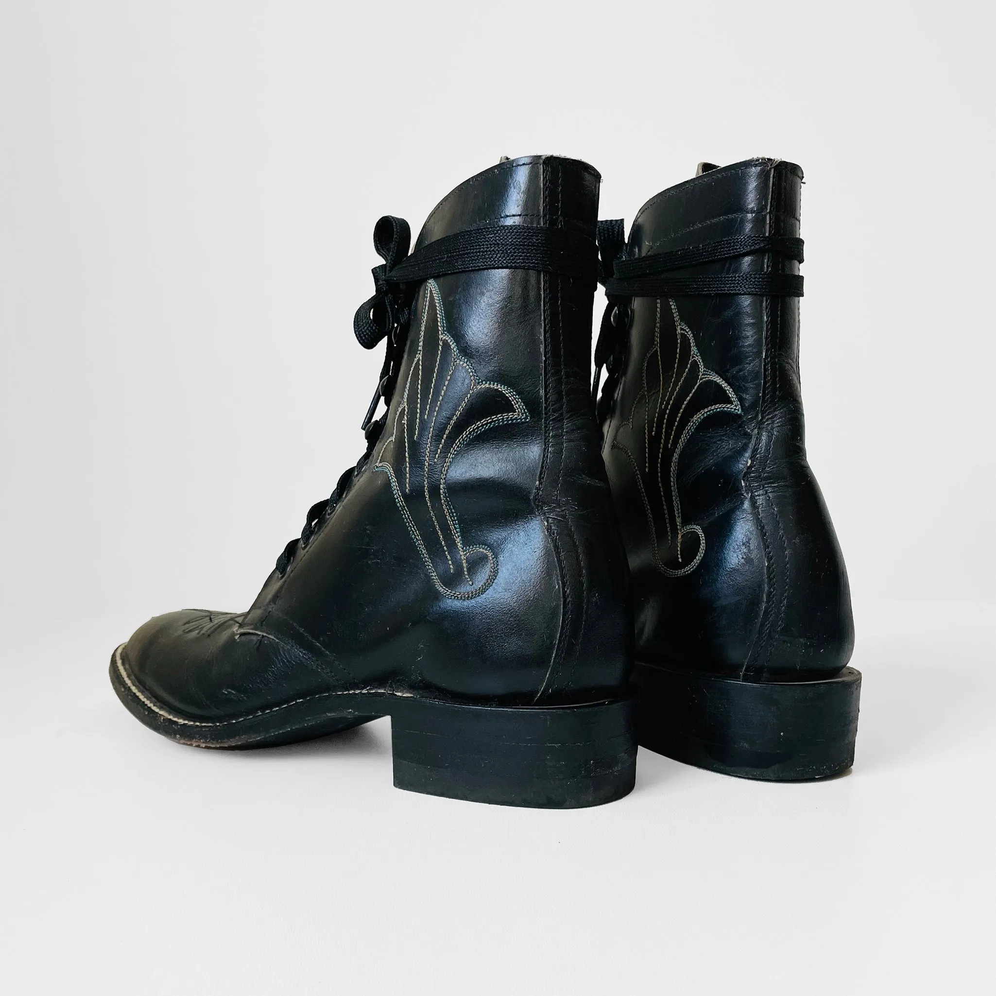 Black Stitched Leather Lace Up Boots - Sz. 6.5B