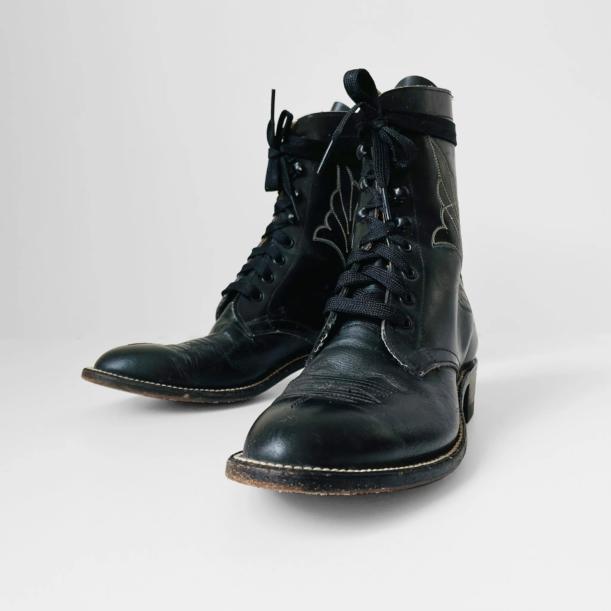 Black Stitched Leather Lace Up Boots - Sz. 6.5B