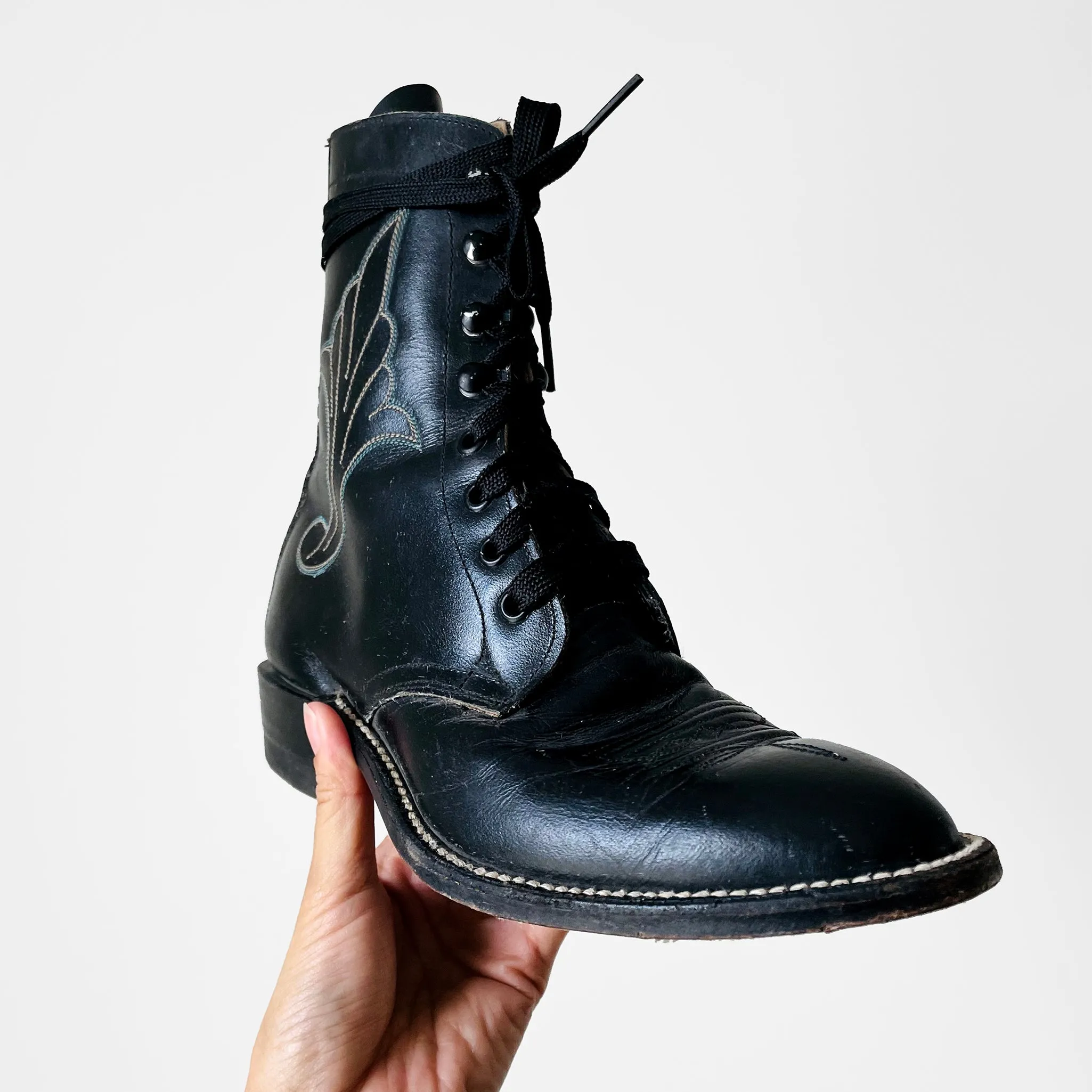 Black Stitched Leather Lace Up Boots - Sz. 6.5B