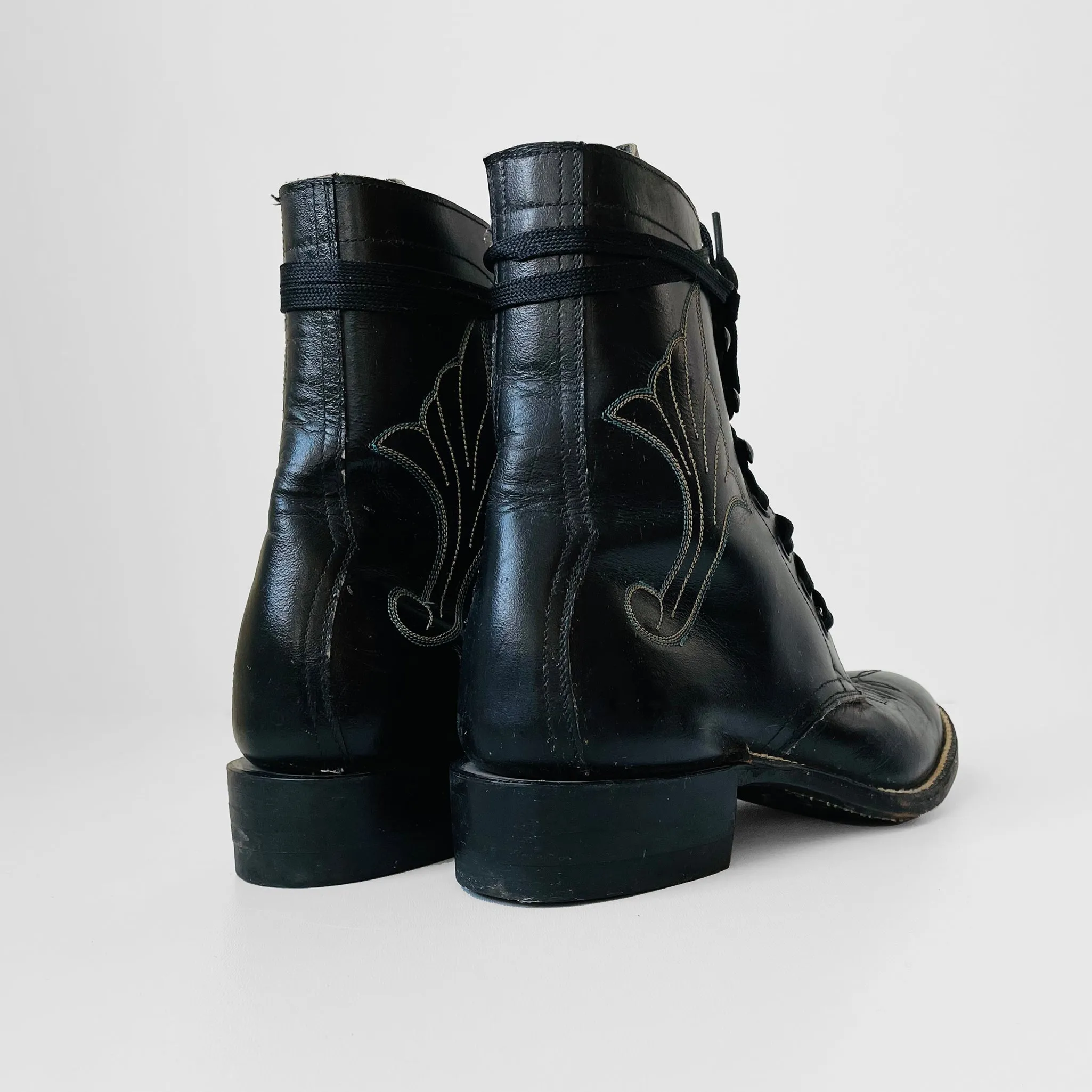 Black Stitched Leather Lace Up Boots - Sz. 6.5B