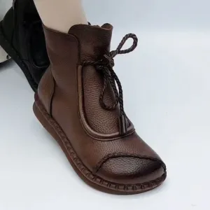 Women's vintage soft flat lace up boots wide toe