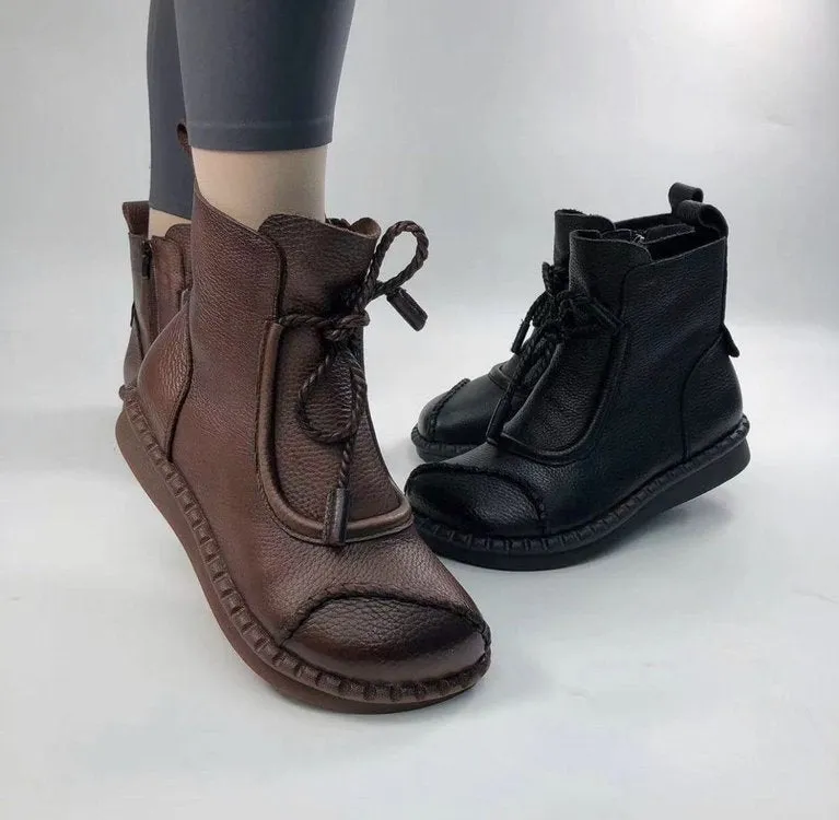 Women's vintage soft flat lace up boots wide toe